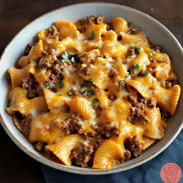 Pasta bowl loaded with ground beef and gooey cheese, finished with chopped parsley.