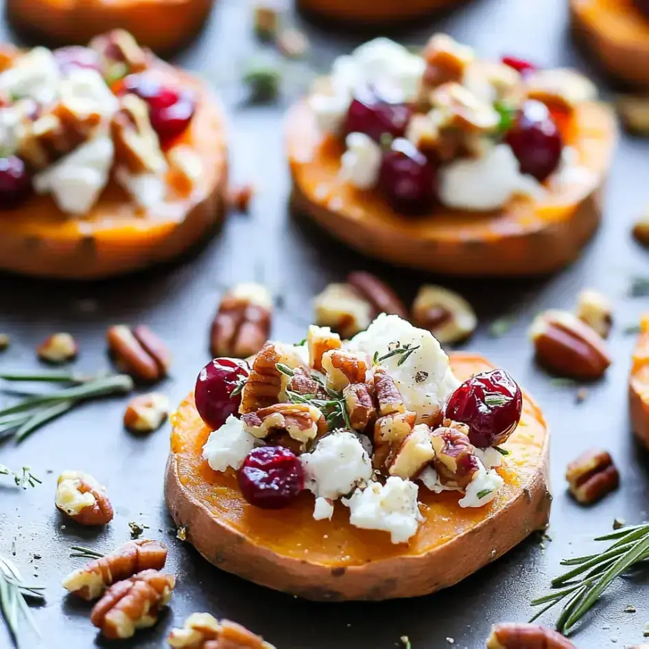 Sliced roasted sweet potatoes with creamy goat cheese, cranberries, and pecans on a dark plate.