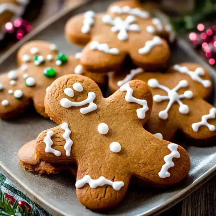 A plate loaded up with gingerbread cookies, some with icing and colorful sprinkles, one shaped like a gingerbread guy.