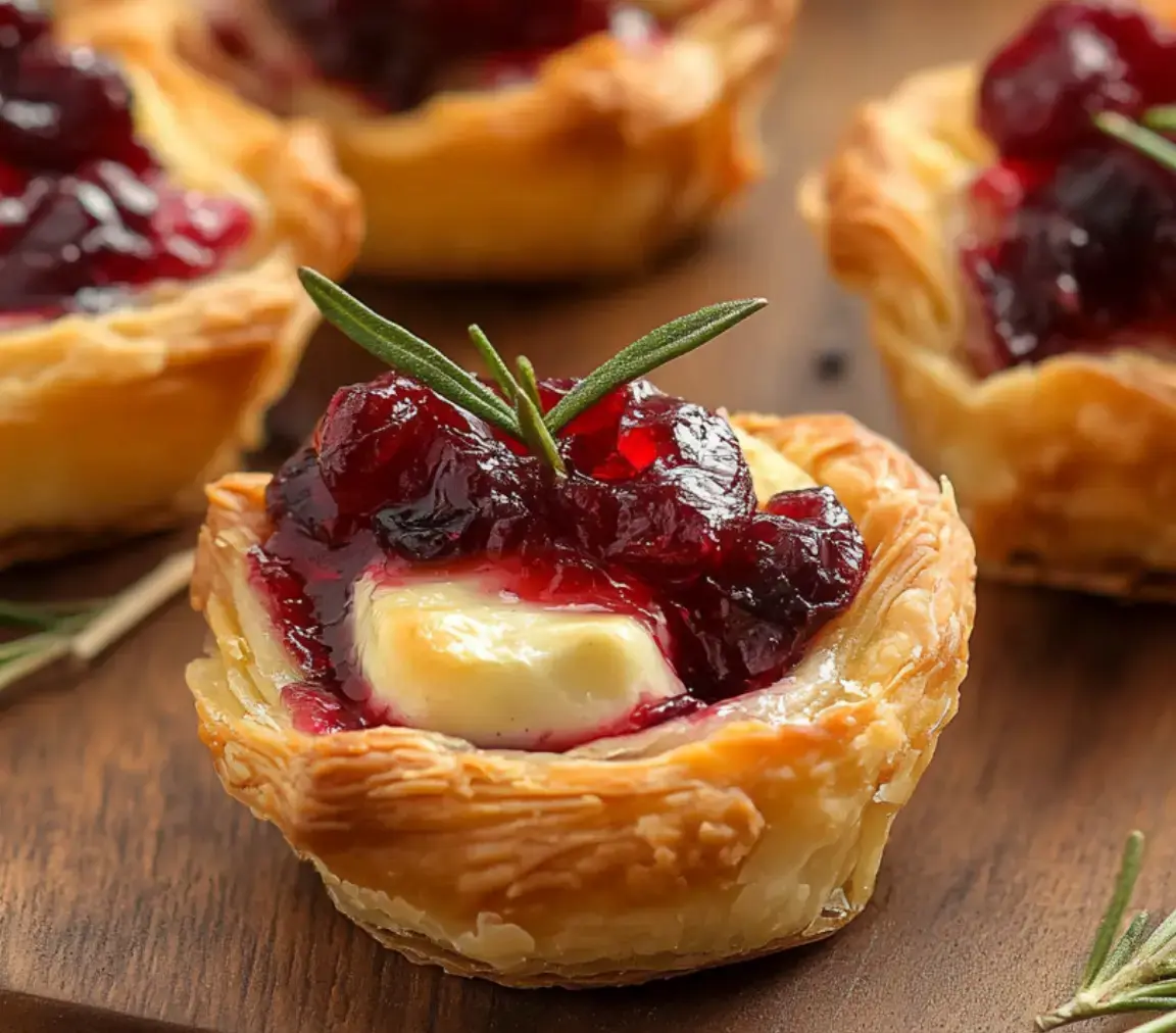 Pastry cup with melty cheese, cranberry jam, and rosemary on top. Looks golden and tempting.