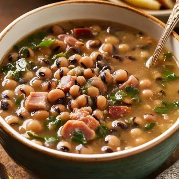 Warm black-eyed peas with chunks of ham and greens in a tasty broth.