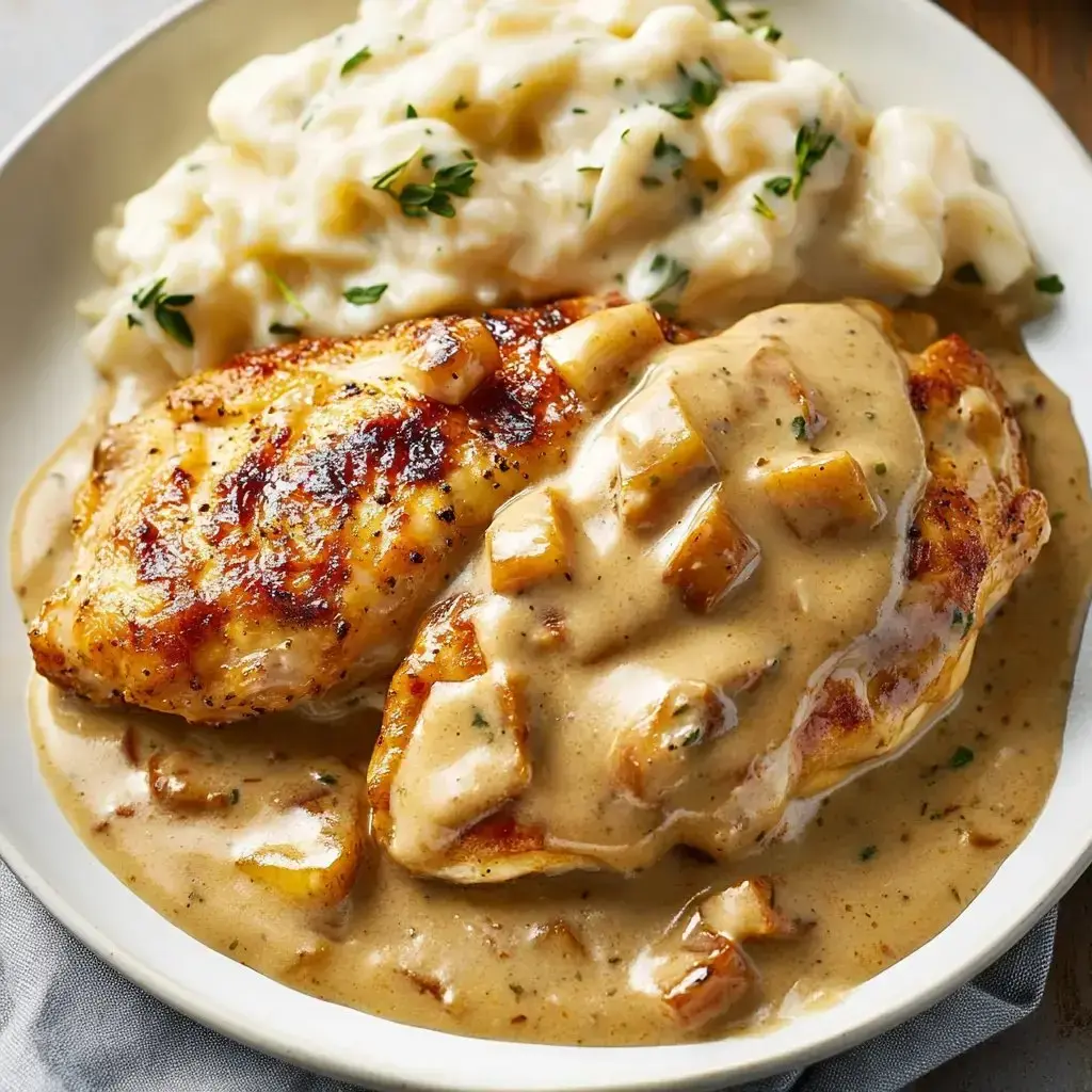 Grilled chicken breasts covered in creamy sauce and paired with mashed potatoes on a plate.