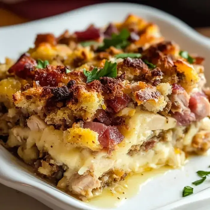 A slice of a layered bake showing turkey, stuffing, and crispy bacon, topped with chopped parsley.