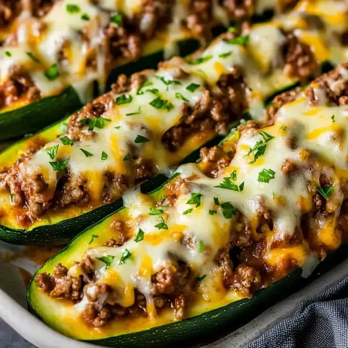 Zucchini halves baked with savory ground meat and melted cheese, sprinkled with parsley.