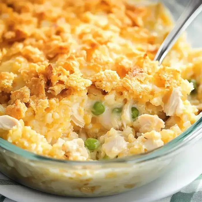 A close look at chicken and rice covered in crunchy cracker crumbs and peas, all baked until bubbly.