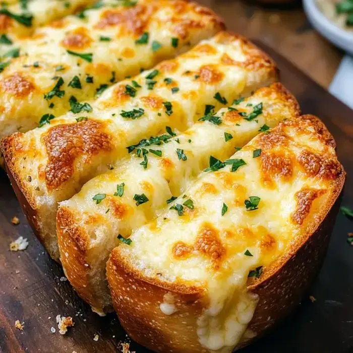 Crusty bread smothered with melted cheese and a sprinkle of parsley, placed on a wooden serving board.