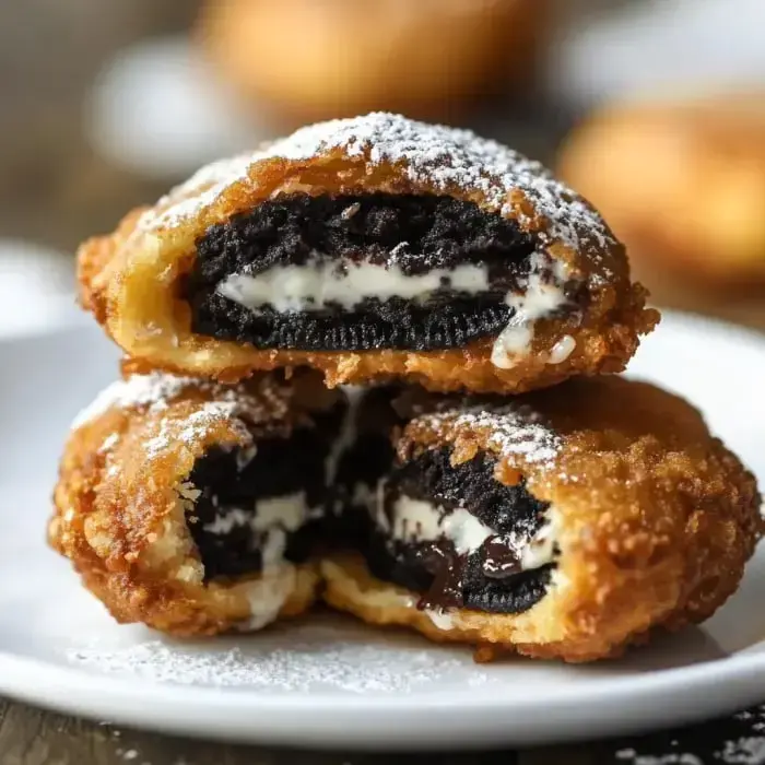 Two deep fried Oreos split open, dusted with sugar and showing the gooey center, sitting on a plate.