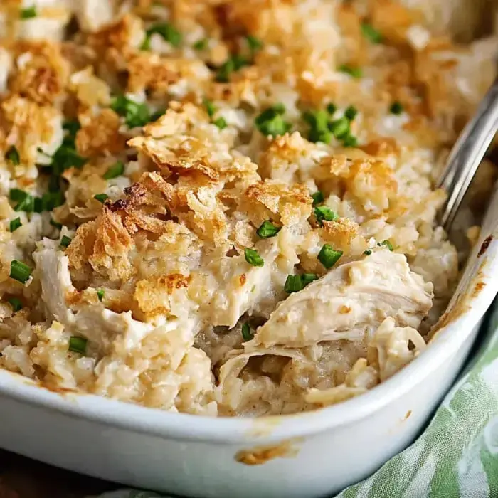Creamy chicken and rice in a casserole dish with toasty golden crumbs on top and fresh green onions sprinkled over.