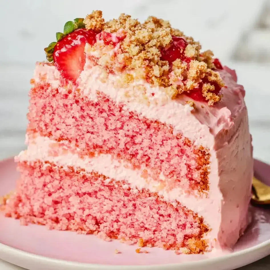 A piece of pink cake with creamy layers plus a crumbly topping and bright strawberries, on a plate.