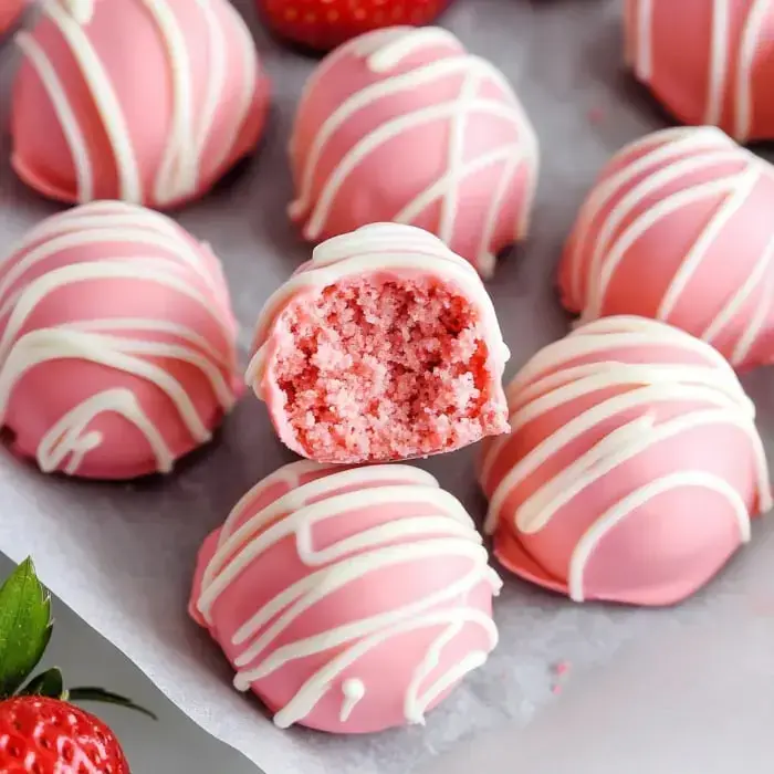 Close up shot of light pink dessert balls with white drizzle and a missing bite showing the soft center.