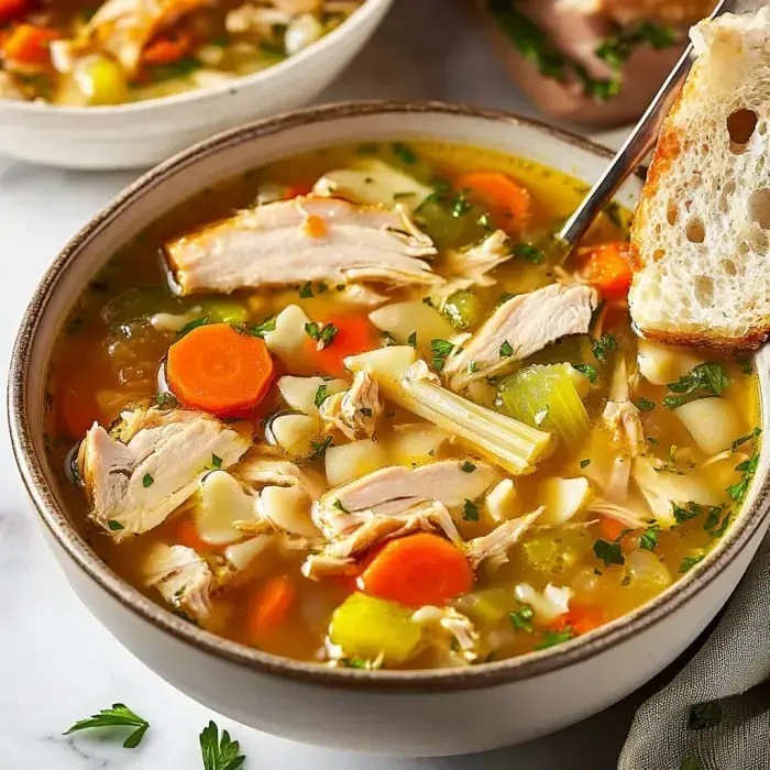 A bowl packed with chunks of chicken, carrots, celery, and pasta, sprinkled with parsley, sitting next to a slice of bread.