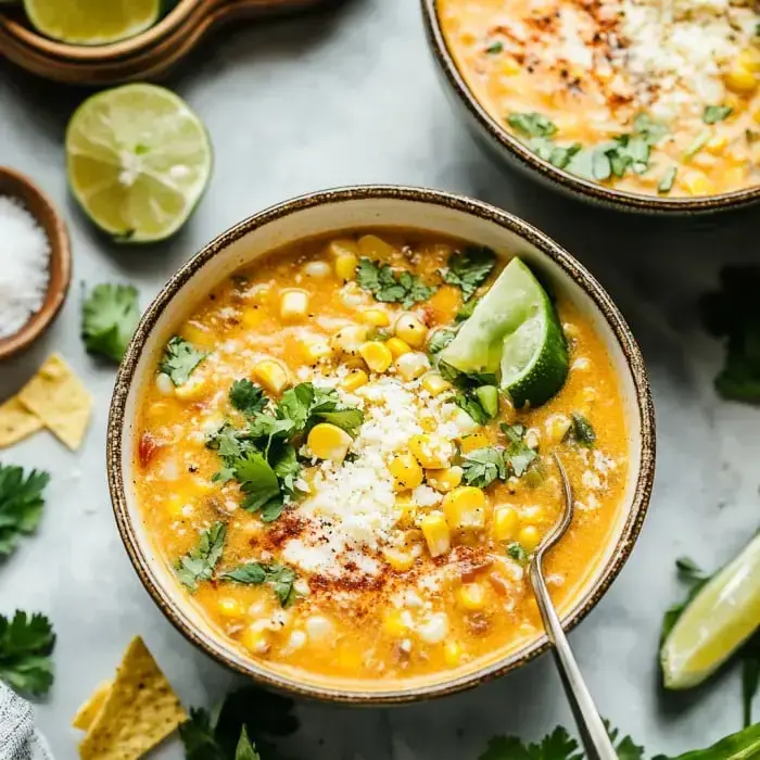 Corn soup in a bowl finished with fresh cilantro, tangy cheese, lime wedges, and chips on the side.