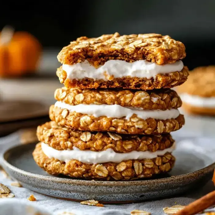 Oatmeal cookies stacked and filled with creamy white middle. One has a bite missing and they're all sitting on a gray plate.