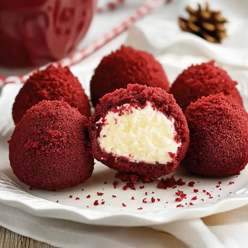 Some velvet cake truffles on a plate, including one split open and showing creamy filling in the center.