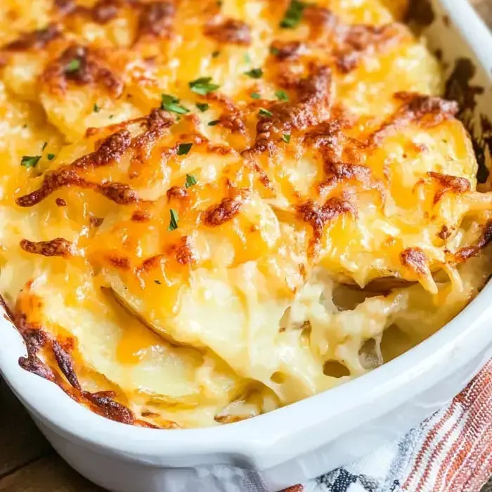 Cheesy potatoes baked golden and topped with fresh herbs.