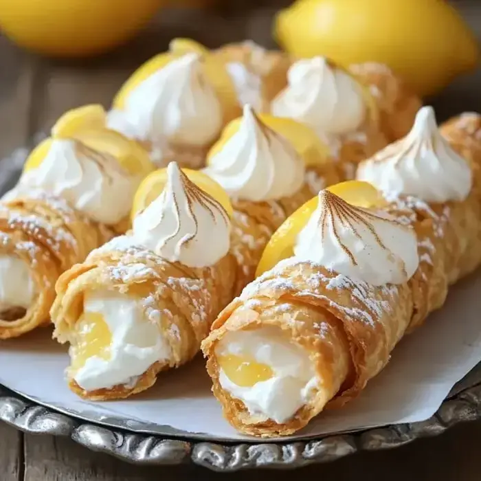 A plate stacked with lemony pastries covered in meringue and lemon slices.