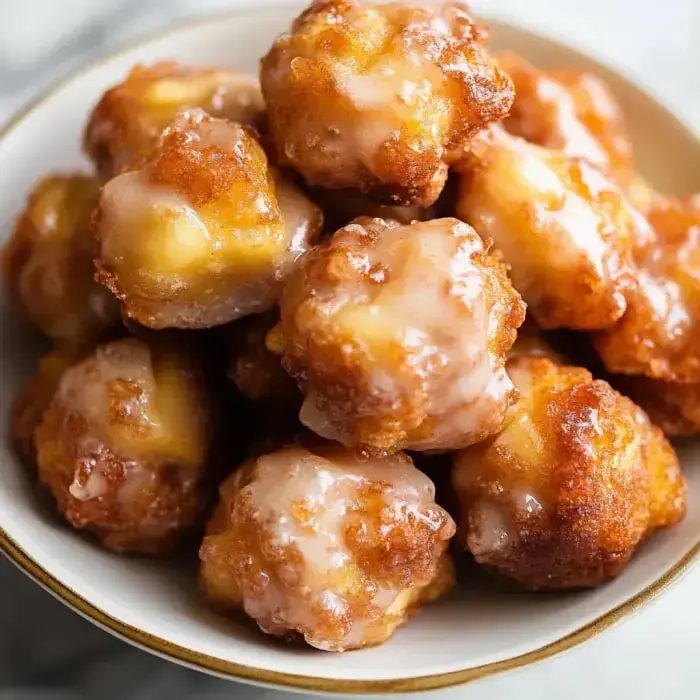 A bowl stacked with shiny, brown, glazed mini doughnuts.