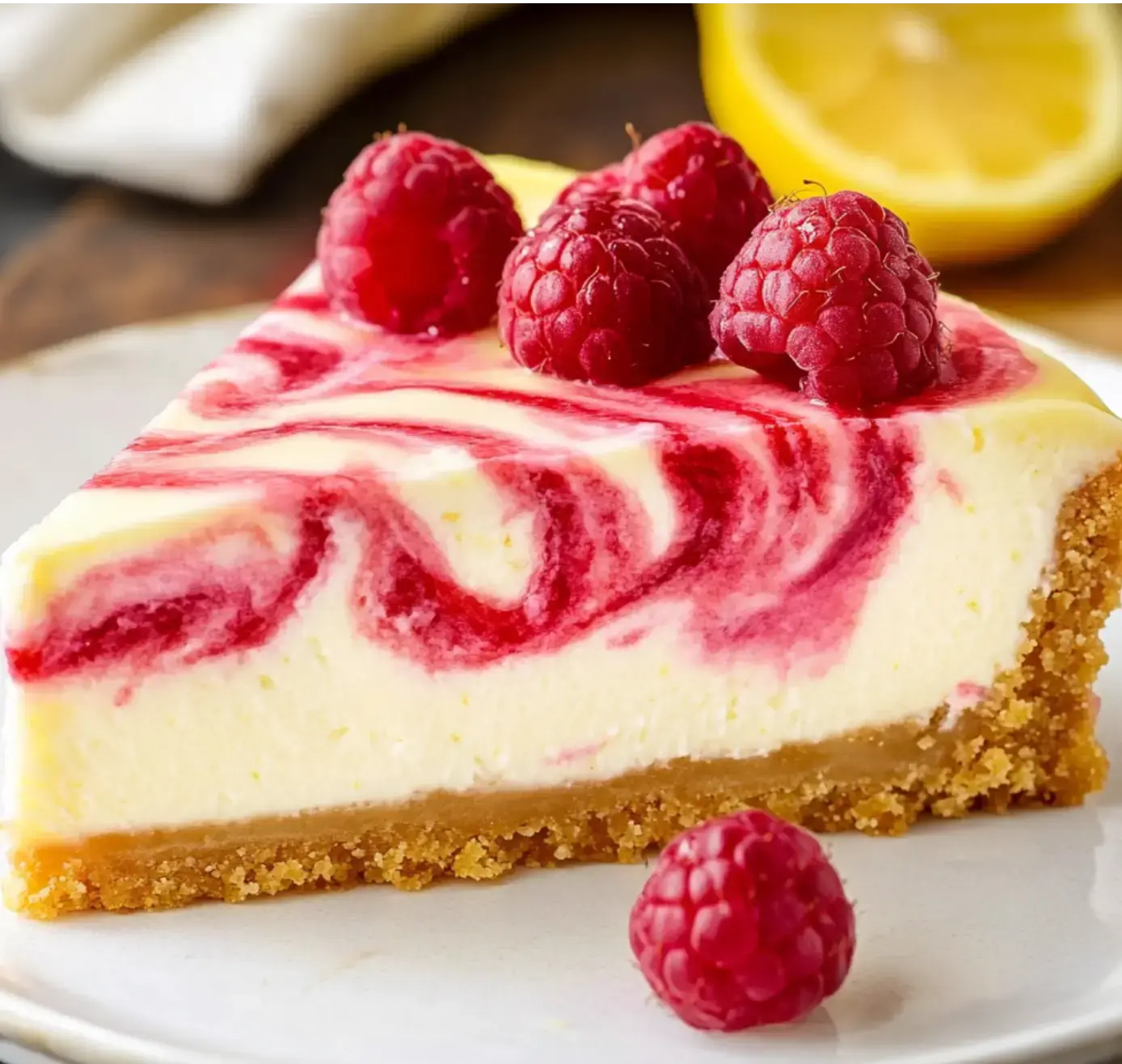 Slice of cheesecake with a raspberry swirl and juicy raspberries on top, sitting by a lemon on the plate.