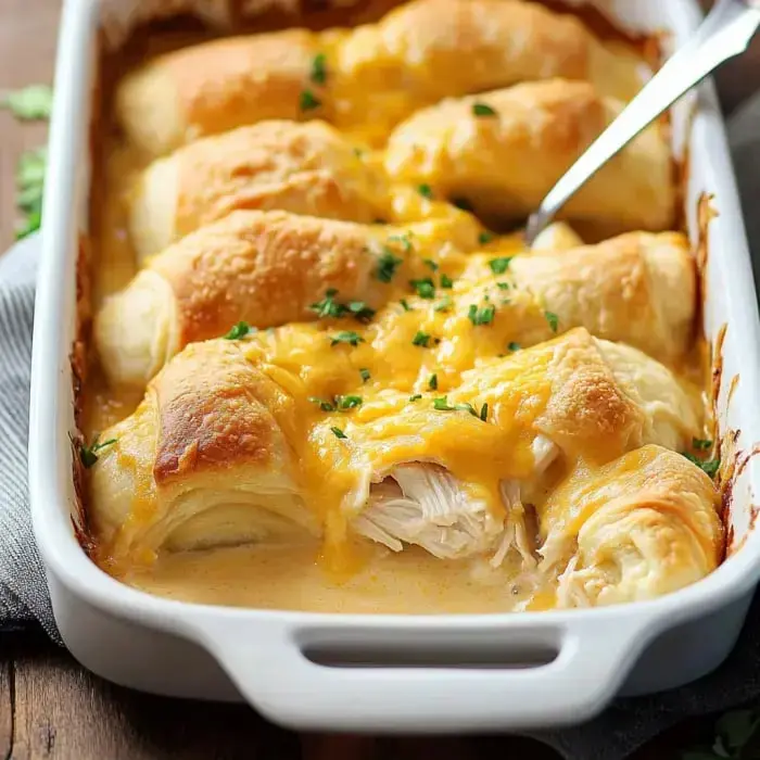 Creamy chicken and melted cheese with golden crescent rolls and fresh green herbs on top.