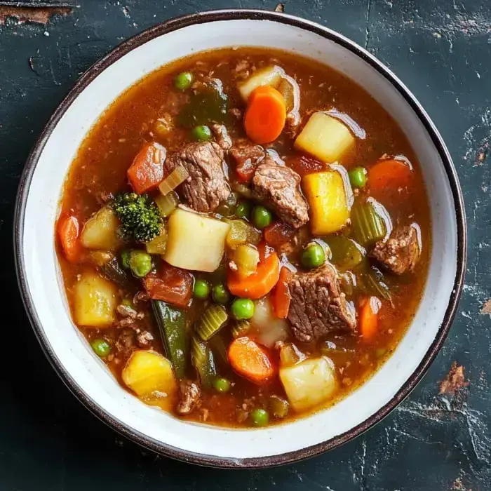 Big bowl of chunky beef and veggies—think potatoes, carrots, tomatoes, broccoli, peas—all mixed with a rich, savory broth.