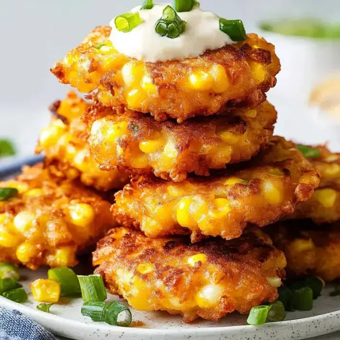 A pile of crispy, golden corn fritters stacked with some sour cream on top and chopped green onions for color.