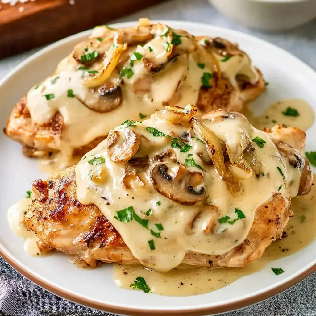 Juicy grilled chicken topped with creamy mushroom sauce and a sprinkle of fresh parsley and onions.