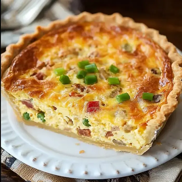 Golden crust slice filled with eggs, ham, and veggies, topped with fresh green onions.