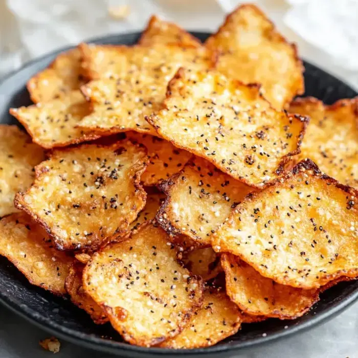 Zoomed-in shot of golden cottage cheese chips on a black plate with some seasoning.
