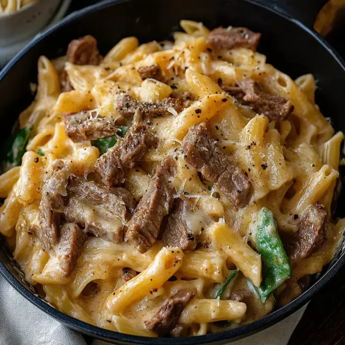 Bowl of creamy pasta with steak bits, green veggies, black pepper, and melted cheese on top.