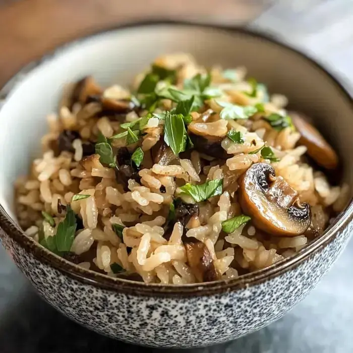 Seasoned rice with mushrooms and fresh parsley in a bowl.