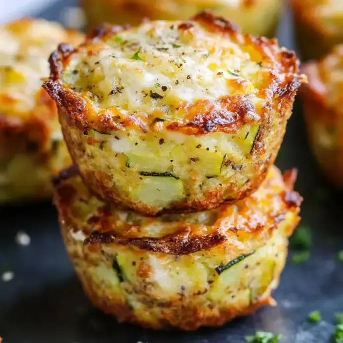Crispy golden zucchini potato muffins stacked on each other, speckled with green herbs, sitting on a dark table.