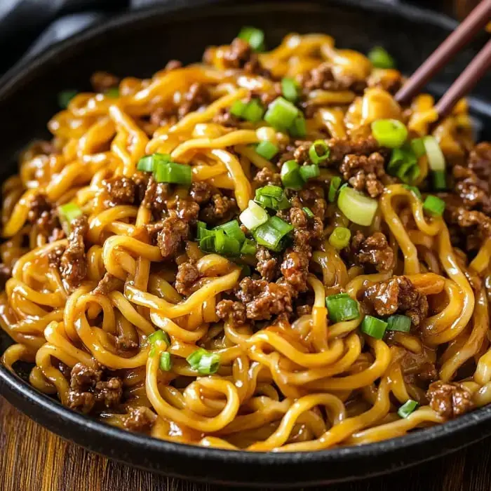 Bowl filled with saucy noodles, ground beef, and green onions up close.