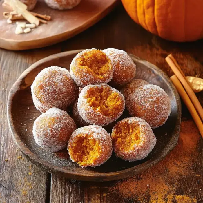 Wooden plate with sugar-dusted pumpkin donut balls, a few split to show soft orange inside.