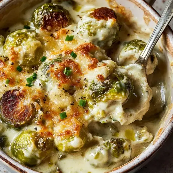 Brussels sprouts in a creamy sauce with bubbly, melted cheese, finished with chopped green onions on top.