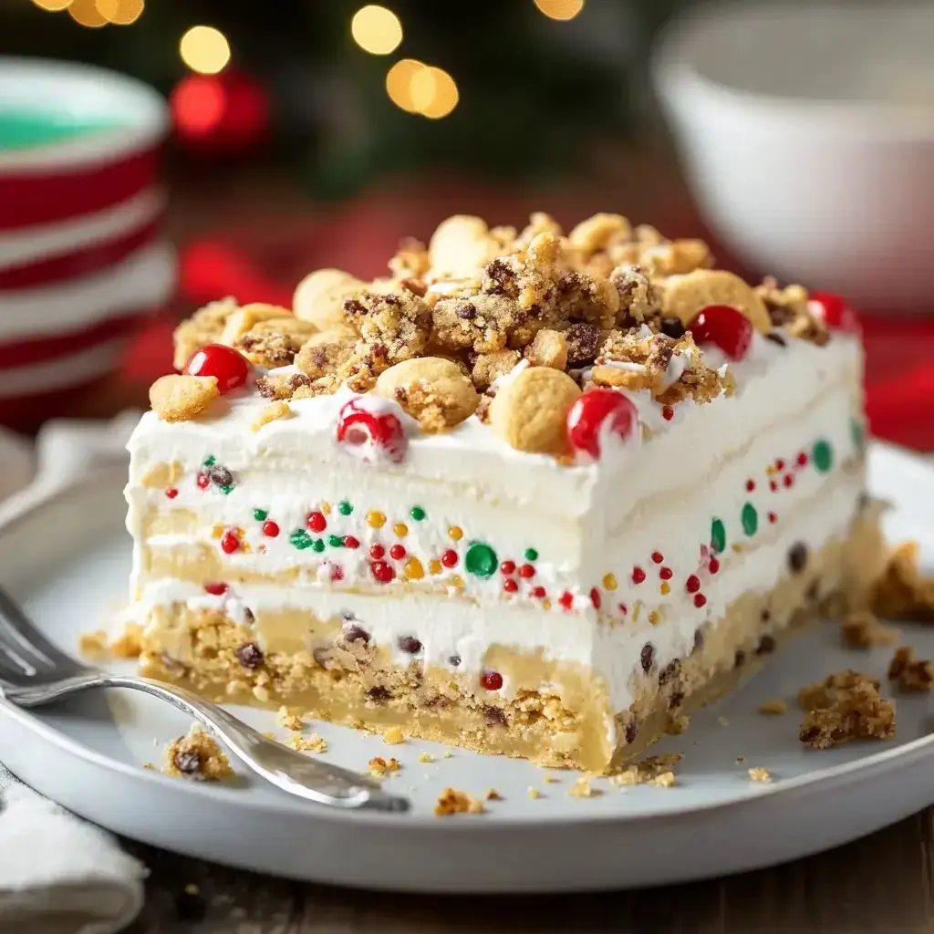 Layers of dessert with crumbled cookies, cherries, and rainbow sprinkles, all on a plate with a fork.