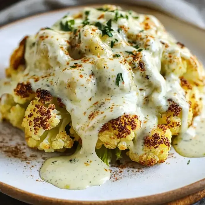 A piece of baked cauliflower with creamy sauce and fresh greens on a plate.