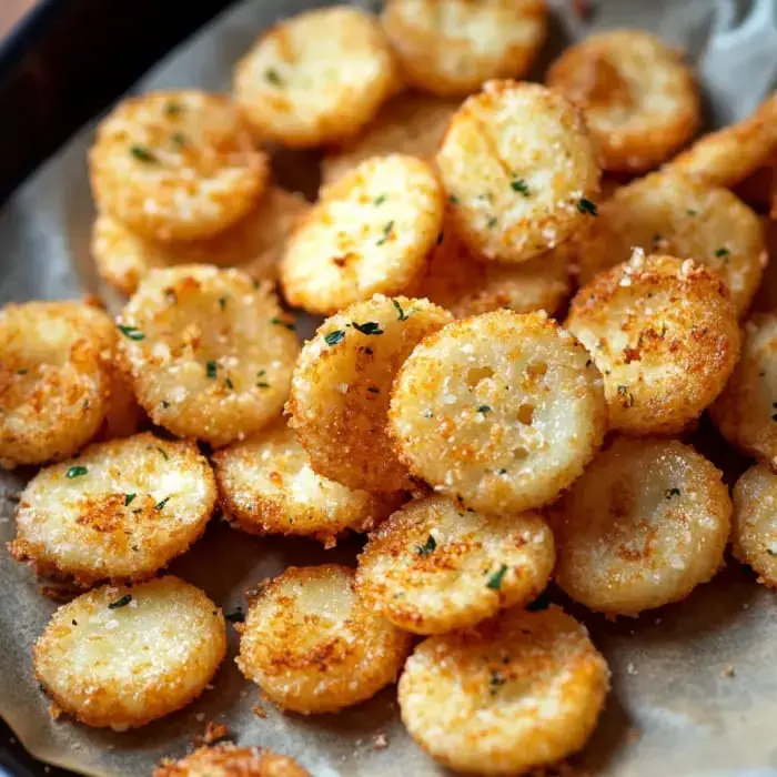 A bunch of crispy round potato chips on a plate with herbs showing.