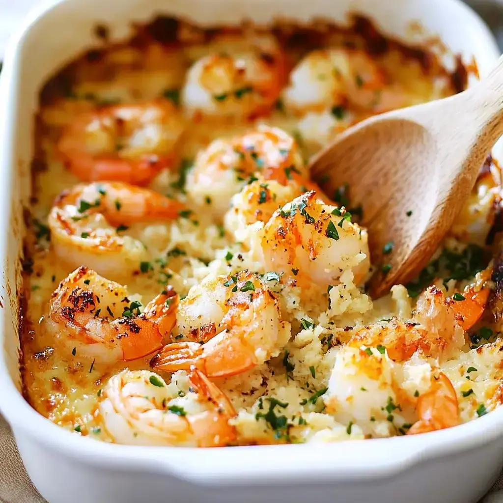 Golden shrimp covered in herbs and toasty breadcrumbs in a white dish. Everything looks creamy, and it's ready to eat.