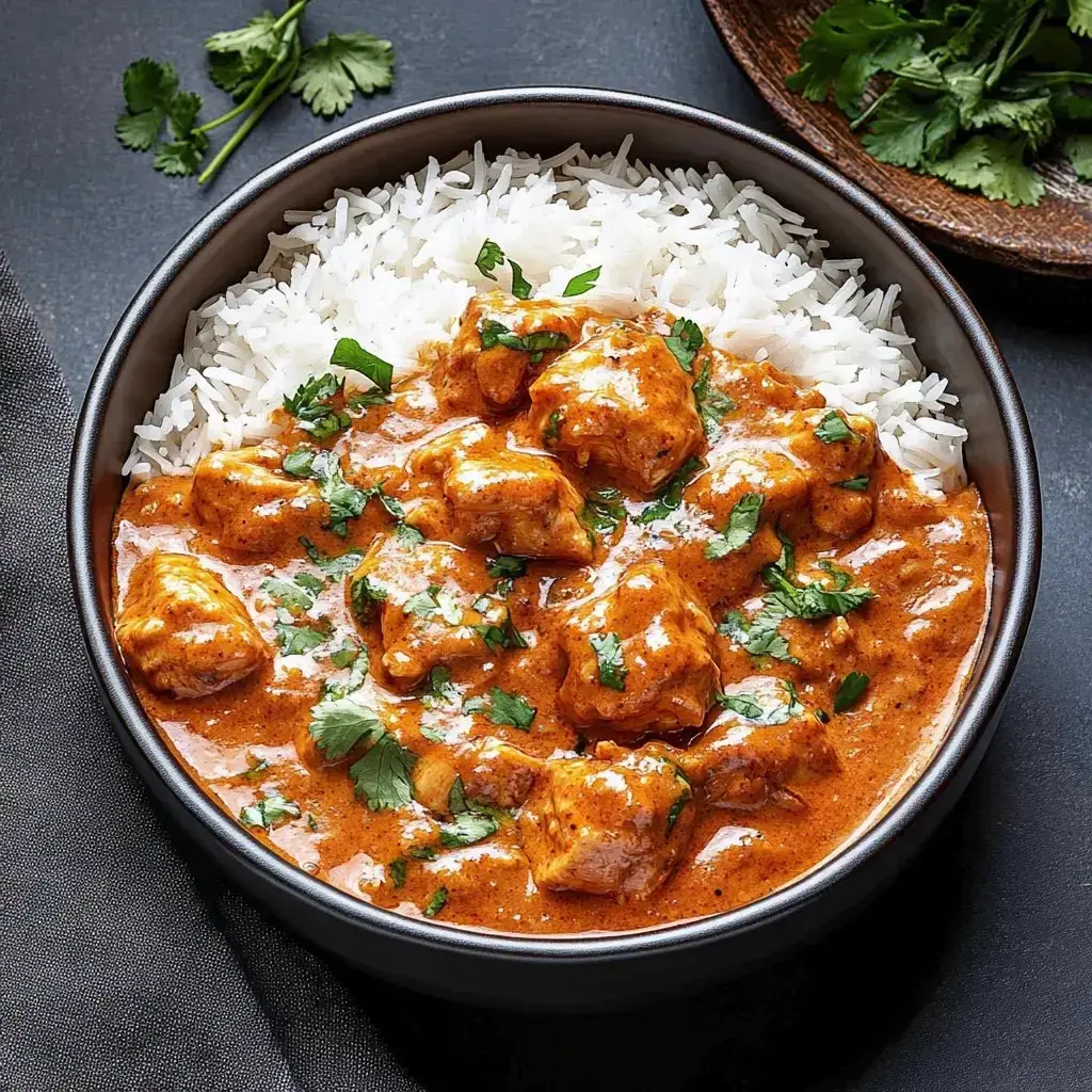 Steamy chicken curry with fresh herbs on rice, looking super creamy.