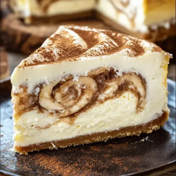 Slice of smooth cheesecake with a swirl of cinnamon chocolate on a dark plate.