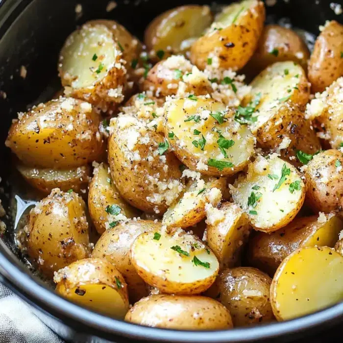 A dark bowl full of baby potatoes, herbs, and butter, all tossed together and close up.