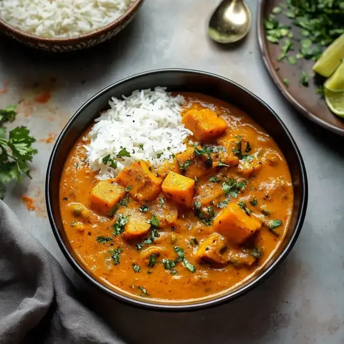 A cozy bowl packed with curry and veggies, topped with cilantro, next to fluffy rice.