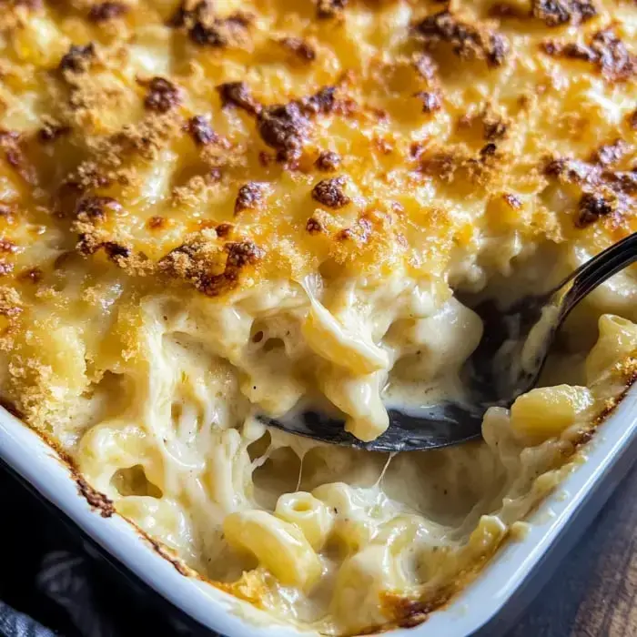 Creamy baked mac and cheese with a crispy crust and rich noodles peeking out.