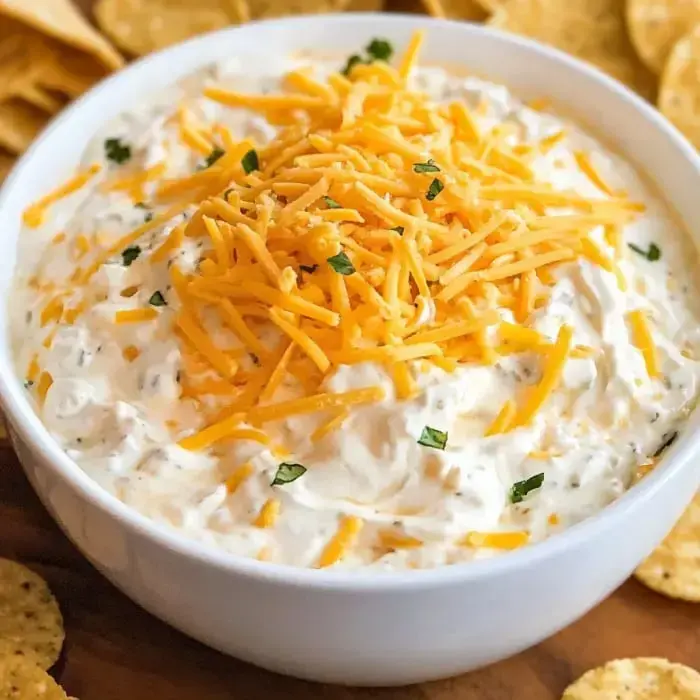 Creamy dip in a bowl, sprinkled with cheddar and fresh herbs, chips around the bowl.