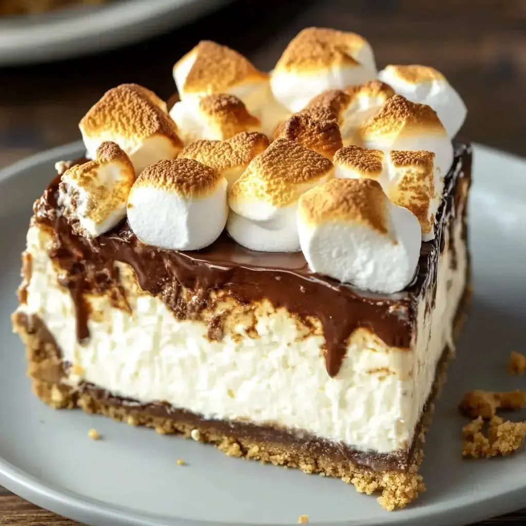 Chocolate cheesecake slice with gooey marshmallow top and crumbly base on a grey plate.