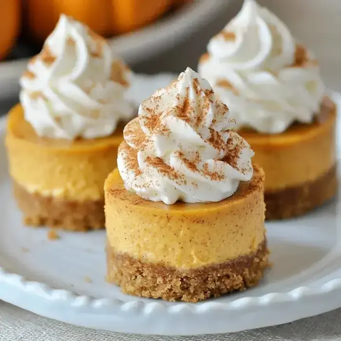 Three little pumpkin cheesecakes with cream on top and cinnamon sprinkled, all lined up on a white plate.