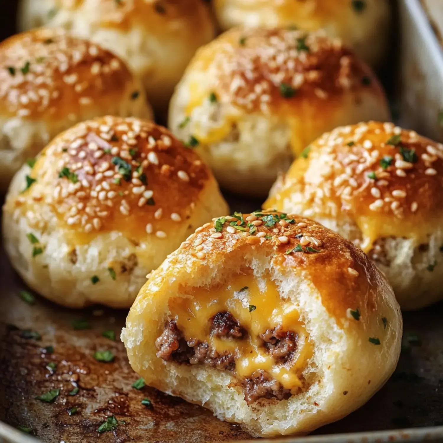 A platter of golden-stuffed meat and cheese rolls with one split open showing melted filling inside.