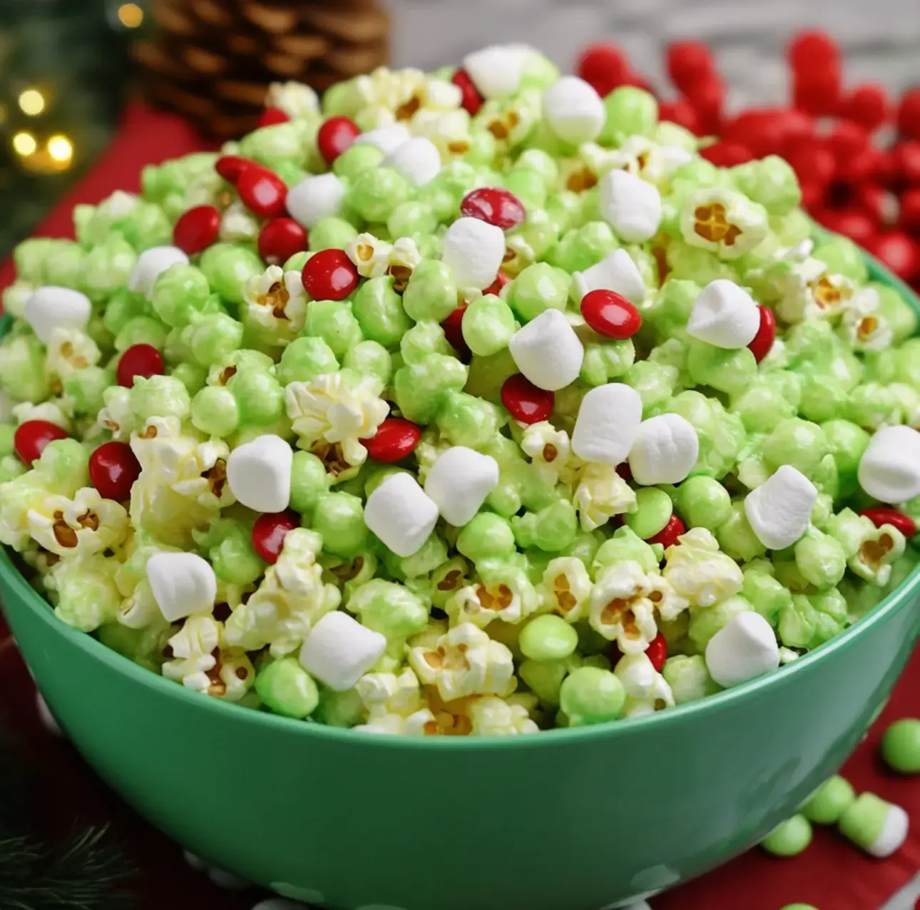 A bowl of bright green popcorn mixed with red candies and white marshmallows displayed with holiday decorations around it.