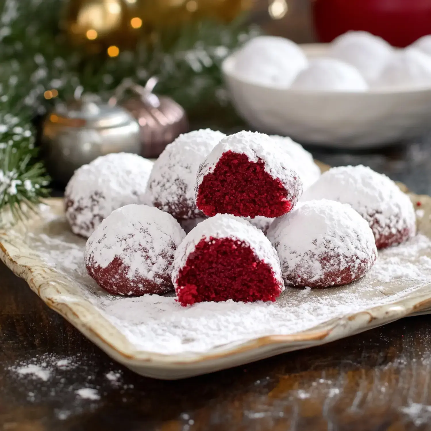 A plate of red velvet cookies with powdered sugar coating, showing one cookie broken open to display its vibrant red center.