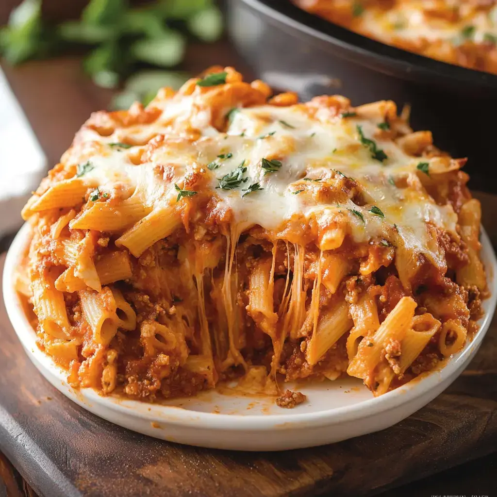 A white plate holds cheesy rigatoni with meat sauce, topped with fresh parsley for garnish.